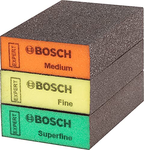 Bosch 3X EXPERT S471 Standard Schleifschwämme (für Farbe auf Holz, Weichholz, Ø 69 x 97 x 26 mm, Mittel/Fein/Superfein, Professional Zubehör Handschleifen)