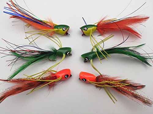 Fliegenfischen "Jazz Poppers" Auswahl, Set mit 6 Fliegen, Größe 4, für Barsch, Hecht, Forelle, Barsch, Döbel, Salzwasser, Pack #320B