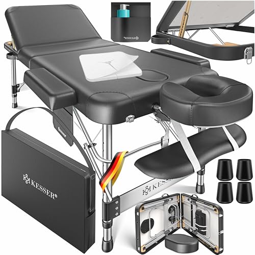 KESSER® Mobile Massageliege 80 cm Breit klappbar & höhenverstellbar 3 Zonen Massagebett Massagetisch Kosmetikliege Therapieliege Aluminium + 10x Gesichtsauflage mit Kopfstütze Armlehnen Tasche Schwarz