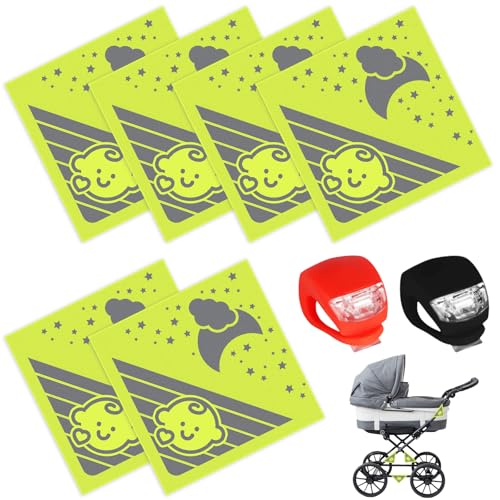 Asfrode Reflektoren Kinderwagen Set, 6 Stück Reflektoren-Aufkleber und 2er Froschlampe, Universal Sicherheits Reflektoren mit Klettverschluss für Kinderwagen, Rucksäcke, Fahrräder, Rollstühle