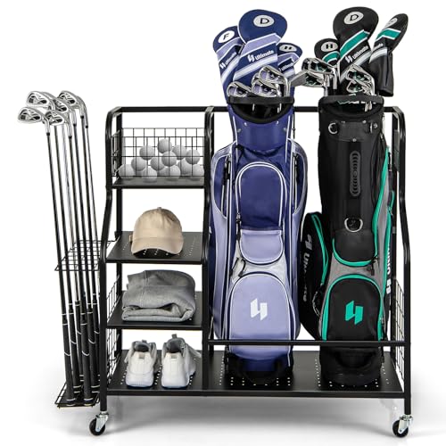 COSTWAY 4 in 1 Golf Organizer, Golfschläger-Organizer mit Rollen, für 2 Golftaschen & Golf-Zubehör, Golftaschenregal mit Haken & Korb für Golfbälle & 3 Ablagen aus Metall, 110 x 41 x 97 cm