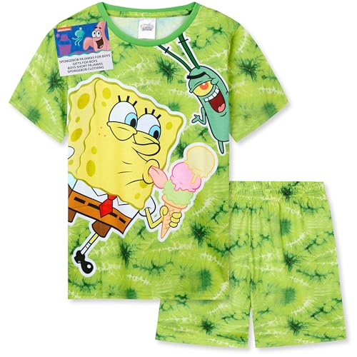 SPONGEBOB SQUAREPANTS Pyjama Kinder Set Jungen Schlafanzug Kurz Sommer Lounge Set Weiche Nachtwäsche Geschenk für Jungs und Teens (11-12 Jahre, Grün Tie Dye)