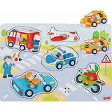 goki 57399 – Steckpuzzle Verkehr, Klangpuzzle mit Fahrzeuggeräuschen - 6 Teile - Soundpuzzle aus Holz