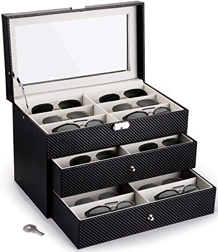 Nicunom Brillenbox 18 Brillen Sonnenbrillen Aufbewahrungsbox aus Leder Brillen Schatulle mit Schloss und Schlüssel Brillenkasten Brillenkoffer Brillenaufbewahrung für Sonnenbrille & Uhren Schwarz