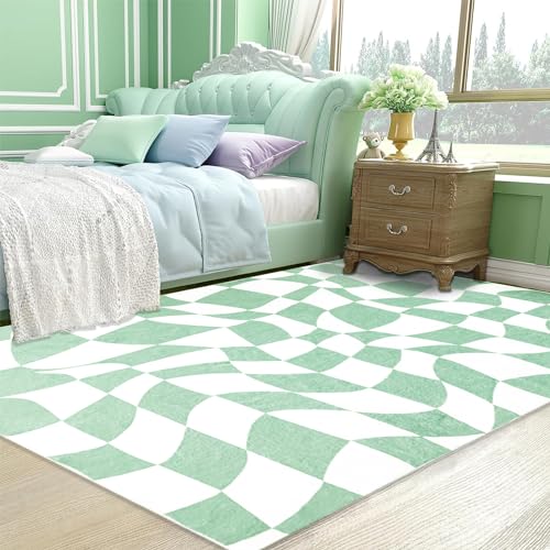 USTIDE Grüner karierter Teppich für den Innenbereich, flauschiger Teppich für Mädchen, Jungenzimmer, niedliche grüne Teppiche für Schlafzimmer, Wohnzimmer, Kinderzimmer, Jugendwohnheim, 120 x 180 cm