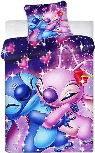 Tanacc Lilo & Stitch Kinder-Bettwäsche-Set 135x200,Anime 3D-Digitaldruck-Polyester Bettwäsche-Set Für Jungen Und Mädchen, 1 Kissenbezüge 80x80