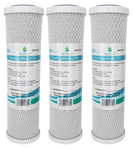 3x AquaHouse AH-CTO5 10 "Carbon Block Wasserfilterpatronen für Trinkwasser, Umkehrosmoseanlagen, passend für alle 10" Filtergehäuse Wasserfilter Kartusche CTO