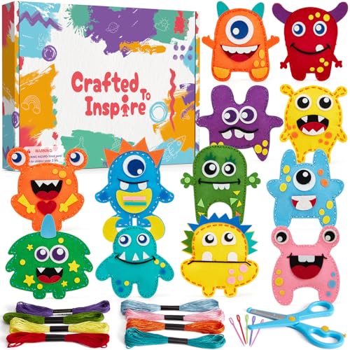 Toylink Filz Nähset Kinder, 12Pcs Monster Bastelset Basteln Kinder ab 4 5 6 7 8 Jahre, Nähen mit Farbige Stickgarn Füllwatte, Kindergeburtstag Kreativ DIY Set Basteln Geschenk für Jungen Mädchen