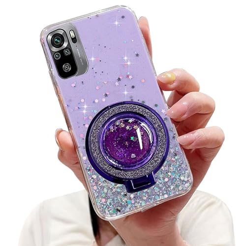 Tivenfezk Nadoli Sparkle Treibsand Ständer Hülle für Xiaomi Redmi Note 10 4G,Versteckt Ständer Ring Klar Glitzer Stern Handyhülle Durchsichtig Bling Schutzhülle Case Cover,Lila