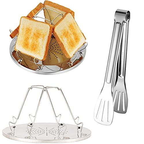 tintoke 4 Scheiben Toastablett Toastregal Herd Toaster Edelstahl Camping Toaster Rack von, Zusammenklappbarer Campingkocher Toaster, mit 7 Zoll Edelstahl Grillzange, Für Familiencamping im Freien