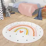 TT Home Teppich Kinderzimmer Kinderteppich Babymatte Regenbogen Motiv Mit Herz Design, Farbe:Creme, Größe:Ø 80 cm Rund