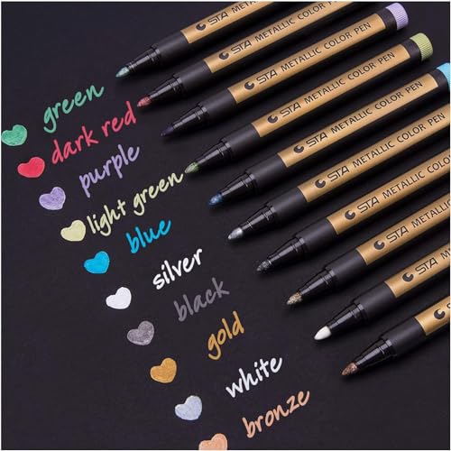 Metallic Stifte, 10 Farben Metallischen Marker Set für Fotoalbum DIY Scrapbook, Gold Stift zum Bemalen Gästebuch Hochzeit Schwarzes Papier Stein Glas Holz Ostern Basteln (2 mm)