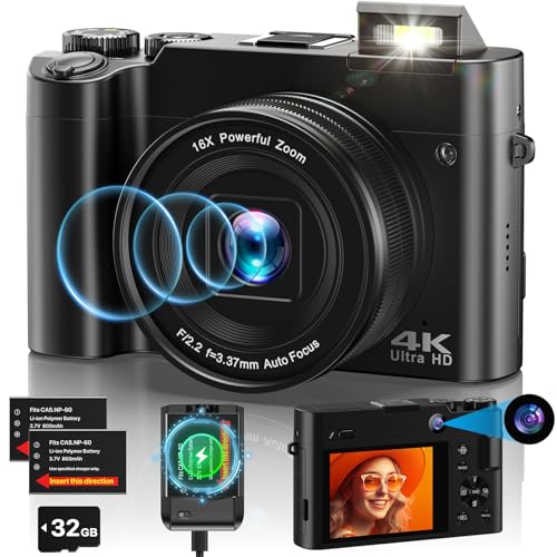 4K Digitalkamera Fotokamera, 64MP Autofokus Vlogging Kamera mit 32G Karte, 2.8'' IPS Bildschirm Kamera 16X Digitalzoom, Kompaktkamera mit Ladegerät & 2 Batterien für Jugendliche Anfänger Erwachsene