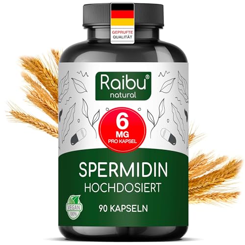 Raibu Spermidin Kapseln hochdosiert - 6 mg pro Kapsel - 90 Spermidin Kapseln - Vorrat für 3 Monate - Vegan, Natürlich & Ohne Zusatzstoffe - 90 Kapseln aus Weizenkeim-Extrakt