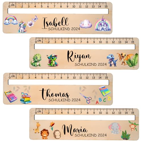 Personalisiertes Lesehilfe mit Lineal aus Holz - 15 cm Lineal mit Namen & süßen Motiven wie Dino, Bär - Geschenk zur Einschulung 2024 für Jungen & Mädchen - Schultüten-Füllung, Schulanfang (Farbig)