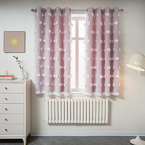 MYSKY HOME Gardinen Kinderzimmer Mädchen Verdunkelungsvorhang 2er Set Vorhänge mit Ösen Weiß Gaze Doppellagige Modern Gardine Kurz Wohnzimmer Verdunkelung Vorhang, H 160 x B 132 cm, Rosa