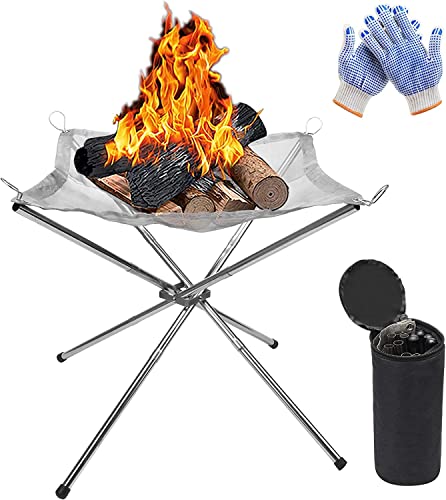 KAHEIGN Tragbare Feuerstelle für Außen, 42cm Faltbare Edelstahlgeflecht Feuerstelle Grill-Feuerschale mit hitzebeständigen Handschuhen Tragetasche für Camping Picknick Lagerfeuer Terrasse Garte