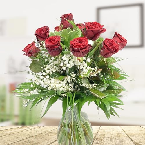 Roter Rosenstrauß - Blumenstrauß mit 10 roten XXL Rosen und Schleierkraut - Inklusive gratis Grußkarte