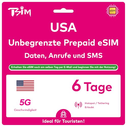 USA eSIM 6 Tage. T-Mobile Netzwerk mit Unbegrenzt Highspeed-Daten, Lokale Anrufe und SMS in den USA (Hawaii Inklusive). Erhalte eSIM Am Selben Tag per E-Mail und Beginne Sofort mit der Nutzung!