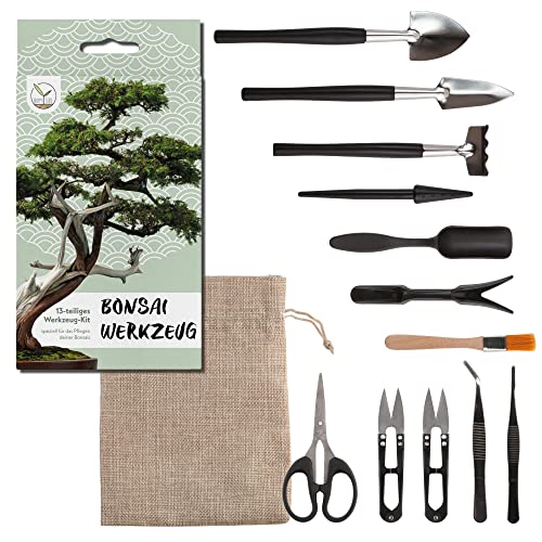 Bonsai Werkzeug-Set 13-teilig mit praktischem Aufbewahrungsbeutel - Mini Gartenwerkzeug für Zimmerpflanzen und eine professionelle Bonsai-Zucht