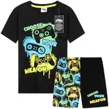 CityComfort Schlafanzug Kinder Jungen Teenager Sommer Baumwolle Pyjama Set Atmungsaktiv und Bequem Gaming Kurze Schlafanzüge Jungen (13-14 Jahre, Schwarz/Mehrfarbig)