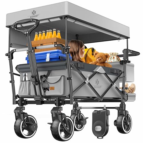 KESSER® Bollerwagen Faltbar GTS-9100 mit Dach Handwagen Transportwagen klappbar belastbar bis 150kg mit Vollgummi-Reifen & Feststellbremsen Vorne & Hinten