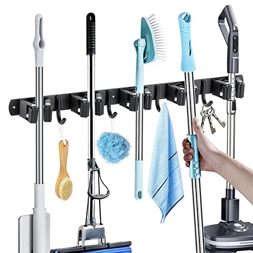 MOREMOCO Besenhalterung Wand, Besenhalter Gerätehalter Wandhalterung Edelstahl Besen Mop Halter Selbstklebend Werkzeughalter Organizer mit 5 Halter und 4 Haken für Zuhause, Küche, Garage, Garten