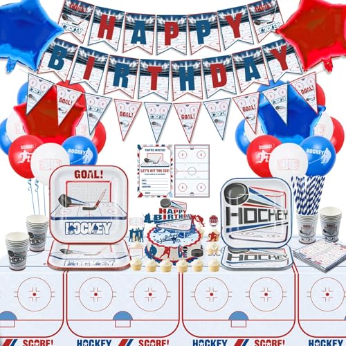 159Pcs Hockey Party Dekorationen - Hockey Platten, Servietten, Tischdecke, Tassen, Hockey Ballon, Hockey Einladung, Kuchen Toppers Hockey Dekorationen für Sport Hockey Geburtstag Party Zubehör