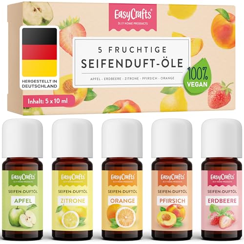 EasyCrafts® Seifenduftöl BIO - Seifen Duftöl Set aus 5 x 10 ml fruchtige Düfte zum Seife selber machen Set - Geeignet für die Seifenherstellung mit Glycerinseife & Shea-Butter - Vegan Made in Germany