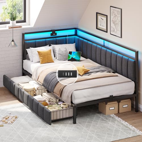 DICTAC Polsterbett Schlafsofa 90x200 mit LED-Beleuchtung und USB-Ladestation,Jugendbett Tagesbett 90x200 mit Lattenrost aus Metall und 2 Schubladen,Gästebett,Bettgestell ohne Matratze,Dunkelgrau