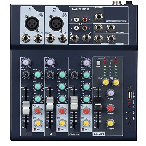 Weymic Professioneller Mixer | 4-Kanal-2-Bus-Mixer/mit USB-Audio-Schnittstelle, Stereo-Equalizer für die Aufnahme von DJ-Bühnen-Karaoke-Musikanwendungen(F4)