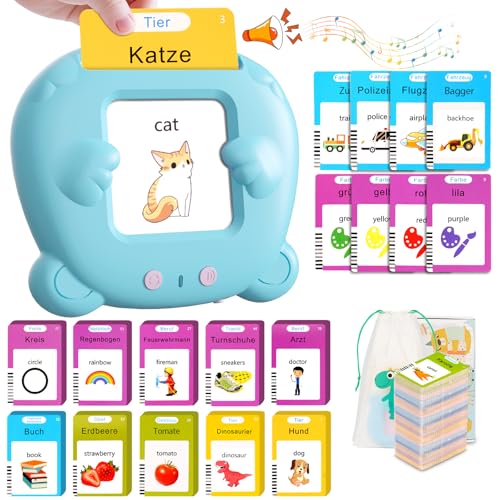 Winnrok Sprechende Lernkarten Deutsch Englisch,Sprachförderung Lernspielzeug für Kinder ab 2-6 Jahr,224 Wörter 112 Blätter Lernkarten,Sprachspiele Interaktives Spielzeug für Mädchen Jungen