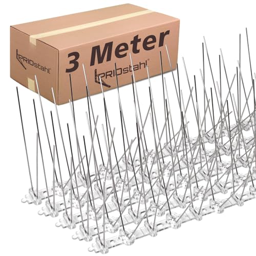 PRIOstahl Taubenabwehr Taubenspikes Vogelabwehr mit Kunststoffgrundplatte 4-reihig 3 Meter (6 x 0,50cm Spikes) Vogelschutz Abwehr für Balkon Dach Fenster UV-Beständig & rostfrei Edelstahl V2A