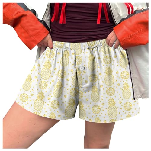 Sommer Hosen Damen Locker Kurz Damen-Shorts, niedlich, weich, elastisch, niedrige Taille, Kariertes Muster, Knopfleiste vorne, Pyjamahose, Boxershorts, Nachtwäsche Casual Hose Damen (Yellow, L)