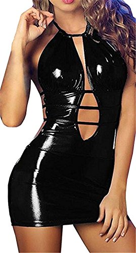 Befox Sexy Wetlook Minikleid Kleid Leder Lack Reizverschluss V-Ausschnitt Stretch Clubwear Fetisch Party Dress