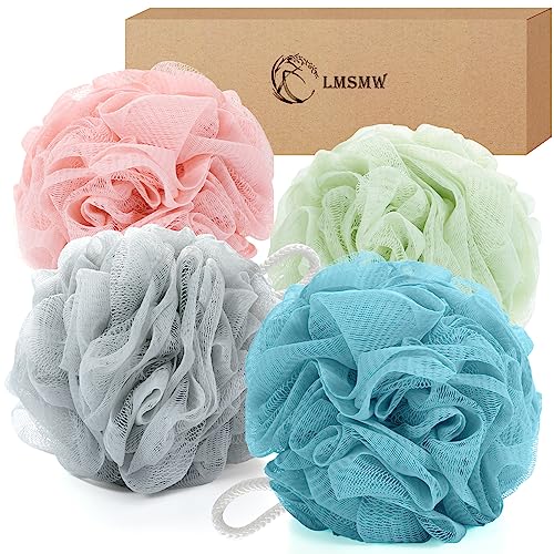 LMSMW Bade-Körper-Poufs, 4 Stück – Peeling-Luffa-Schwämme für Männer und Frauen, Dusch-Netz-Pouf-Luffa-Schwamm, Bade-Puffs, Haargummis, Körperwäscher, Baden, Reinigen von Luffas, Lufa-Luffa-Pads