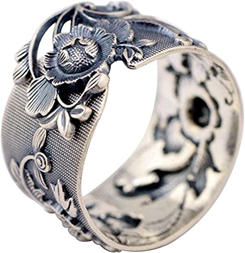 AMZBNEIDI Chinese Lucky Feng Shui Auspicious Ring ， Breiter schwarzer Vintage-Ring aus 999er Sterlingsilber mit Pfingstrosenblüte for Frauen und Mädchen, 15 mm, offen und verstellbar