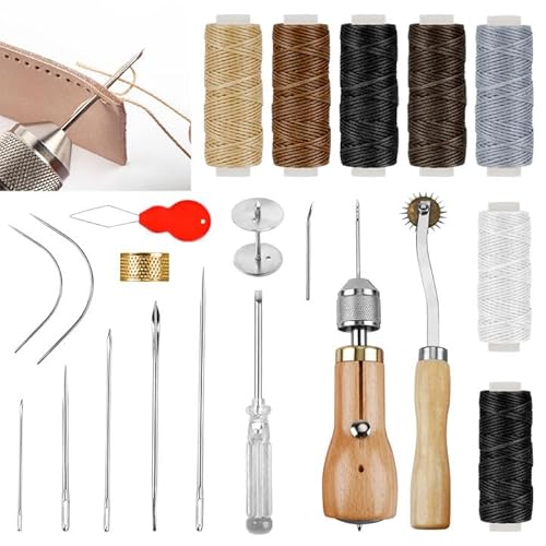 21 Stück Leder Nähset, Leder Nähwerkzeug mit Leder-Stich-Nähahle, 7 Rollen Leder Wachsfaden,Messingring,Spule,Greifer,Leder Werkzeuge Set für DIY Handwerk