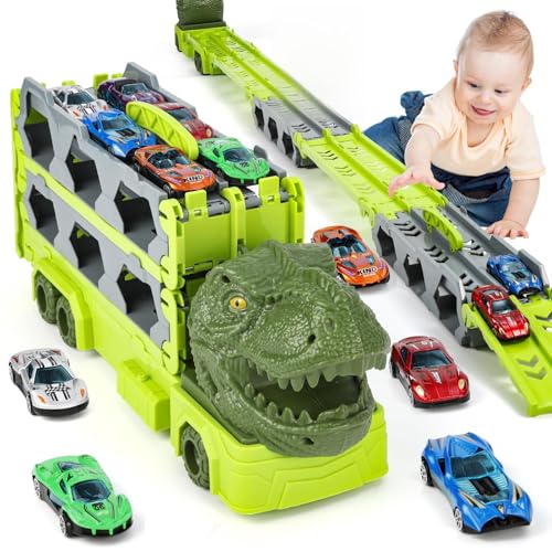 Apritsce Autotransporter Spielzeug, 170 cm Dinosaurier Rennstrecke Auto Transporter Kinder, Transport Truck Spielzeugautos, LKW mit 6 Autos Spielzeug für Jungen Alter 3 4 5 6 7