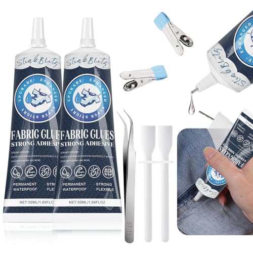 Stoffkleber, Stoffmaterialkleber, Stoffkleber zum Nähen für alle Stoffe, Baumwolle, Flanell, Denim, Polyester, Puppenreparatur (50 ml*2)