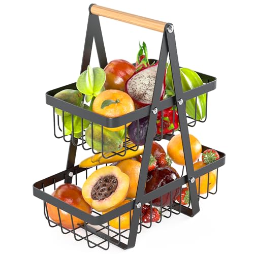 Cisivis Obst Etagere Obstkörbe, Abnehmbar Obstkorb, 2 Stöckig Metall Obstschale für Brot, Gemüse, Snacks, Aufbewahrung für Küche - Schwarz