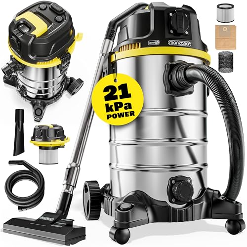 Monzana® Nass Trockensauger 5in1 Industriestaubsauger 30L Edelstahl 2000W Steckdose Nasssauger mit Blasfunktion Laub Push&Clean Waschsauger Beutellos