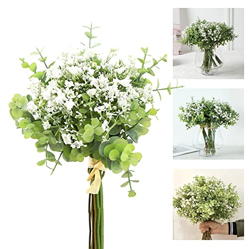 DECARETA 12 Stück Schleierkraut Künstliches Weiß Schleierkraut Kunstblume 29cm Lang Gypsophila Künstlich Blumen und Eukalyptus Strauß Kunstpflanze für Hochzeits Dekoration Zuhause Party Dekor