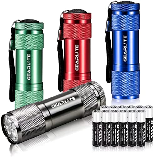 GEARLITE Mini LED Taschenlampe, 4 Pack Aluminium Kinder Taschenlampe Klein mit 12 AAA Batterien, IP65 Wasserdicht Handlampe mit Lanyard für junge Camping Wandern Outdoor