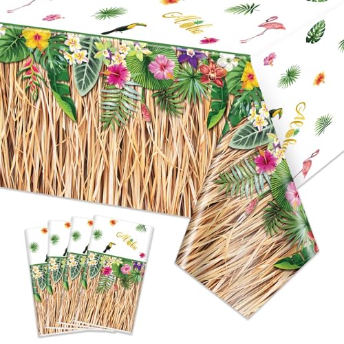 4 Pack Hawaiian Luau Gras Tischdecken, Hawaii Luau Party Dekorationen, Tischrock Tischdecke Tropische Palme Tischdecke für Sommer Strand BBQ Tropische Ahola Party Baby Dusche, 220 x 130cm
