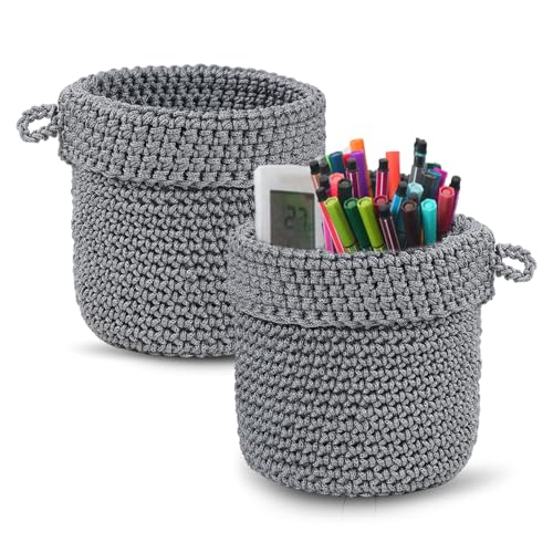 2 Stück Hängend Wandkorb Baumwollseil Korb, Aufbewahrungskorb mit Griff handgewebt Hängekorb Pflanzkorb Organizer für Pflanzen Küche Badezimmer Heimdekor,13 x 14cm (Grau)