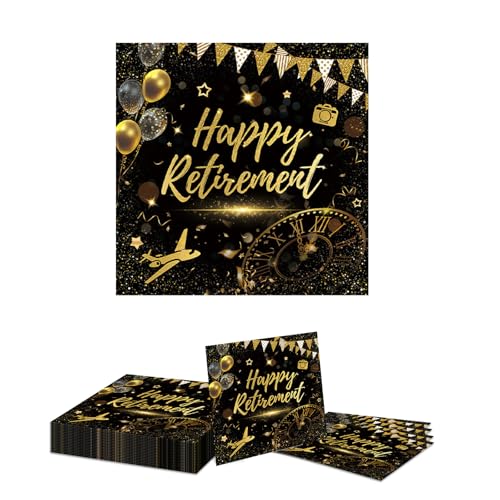 GlamRays 20 Stück Servietten Ruhestand, Schönen Ruhestand Servietten Rente deko, Schwarz Gold Rente Deko Servietten für Partys, Deko und Feiern