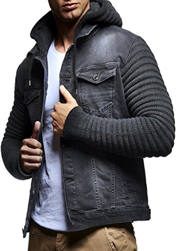 Leif Nelson Jeansjacke Herren (Grau, Größe M), Jeans Denim Kapuzenjacke, Männer Jeans Jacke mit coolen Strickärmel, modernes Design Regular Fit