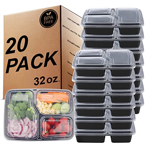 KINGHON 20er Pack Meal PREP Container - 3 Fach Bento Lunch Boxen,BPA frei wiederverwendbare Lebensmittel Lagerung mit luftdichten Deckel, 32 oz