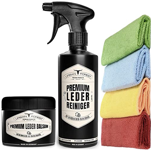 Sparset Lederpflege Lederreiniger 500ml + Leder Balsam 250ml + 4 Mikrofasertücher, Pflegemittel, Ledersitze, Lederbalsam für die Autopflege, Milde Lederpflege Made in Germany von URBAN FOREST